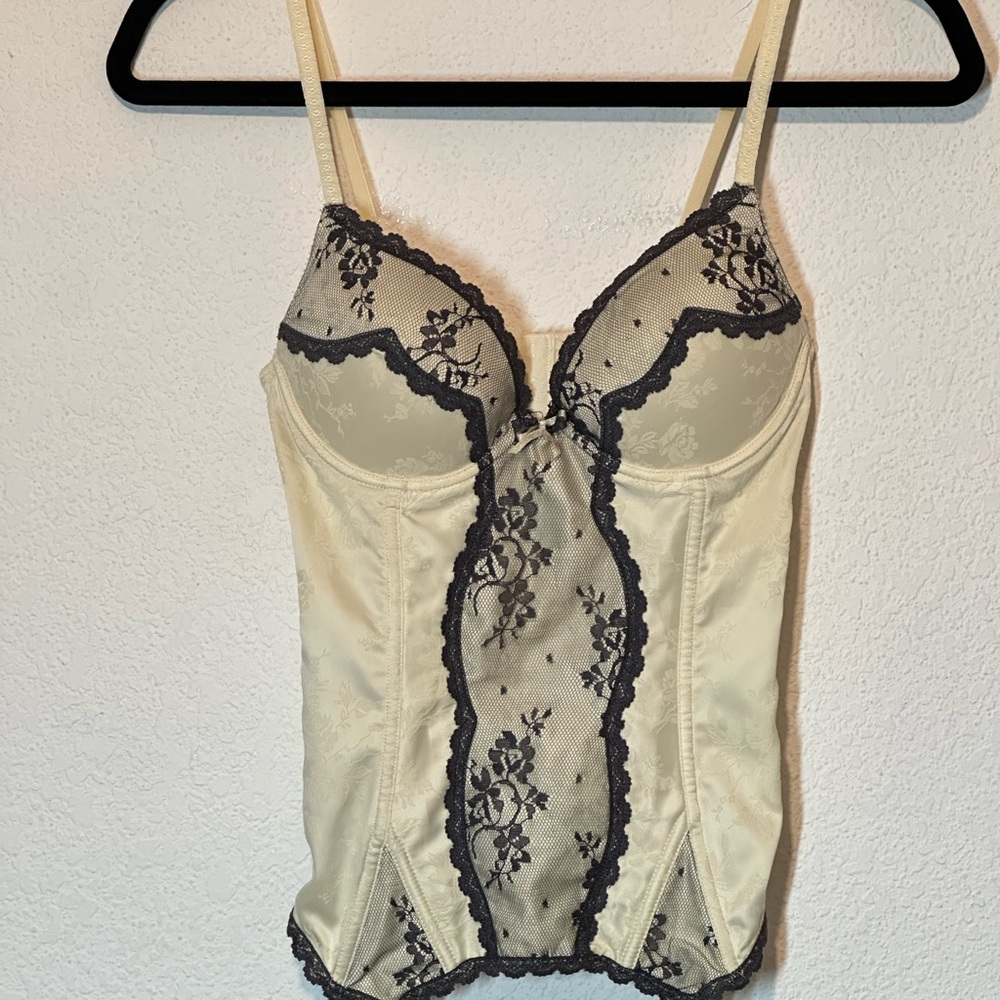 Victorias Secret 34B Bustier Pale Yellow Black‎ Lace Corset Cami Top Burlesque